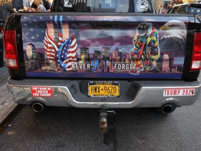 A pickup truck is parked just two blocks from Ground Zero on September 10, 2021 in New York City.