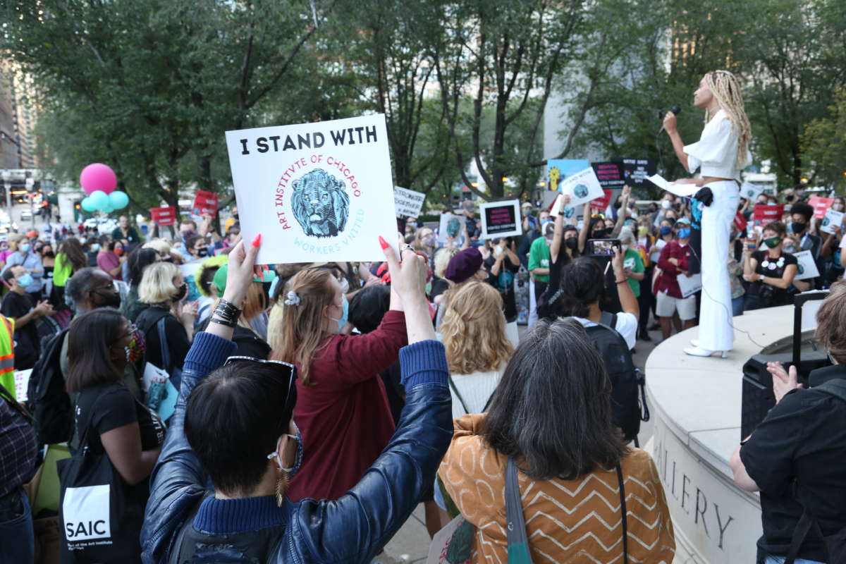 Protesters show support for the Art Institute of Chicago/School of the Art Institute of Chicago unionization effort at a rally and march on September 9, 2021, in downtown Chicago, Illinois.