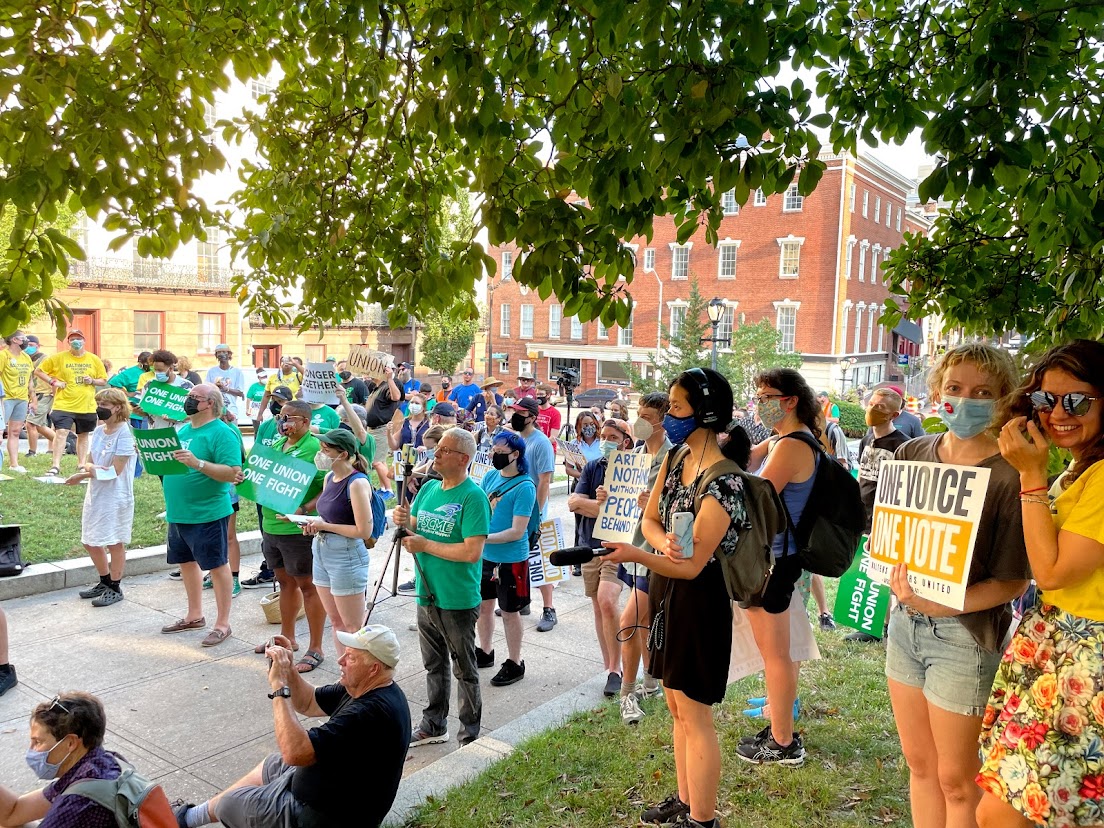 Protesters attend a rally in support of Walters Workers United on August 12, 2021, in Baltimore, Maryland.