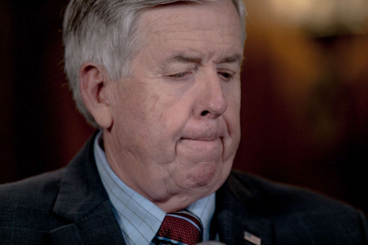 Gov. Mike Parson listens to a media question during a press conference on May 29, 2019 in Jefferson City, Missouri.