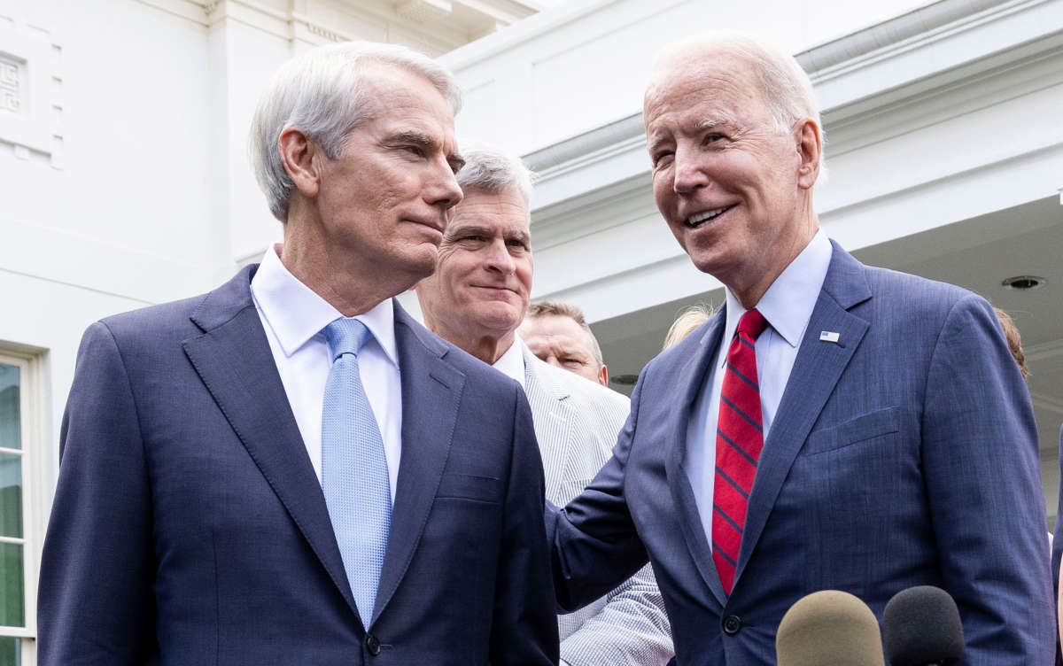 President Joe Biden puts his arm on Sen. Rob Portman outside the White House on June 24, 2021, in Washington, D.C. Sens. Portman and Joe Manchin have sponsored the FIGHT Fentanyl Act, which would classify fentanyl analogs as schedule I drugs indefinitely.