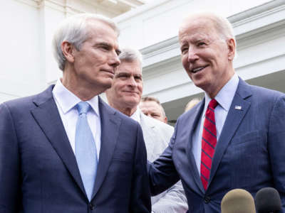 President Joe Biden puts his arm on Sen. Rob Portman outside the White House on June 24, 2021, in Washington, D.C. Sens. Portman and Joe Manchin have sponsored the FIGHT Fentanyl Act, which would classify fentanyl analogs as schedule I drugs indefinitely.