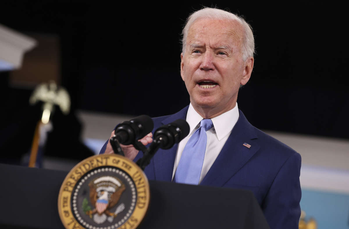 President Joe Biden delivers remarks on the September jobs numbers in the South Court Auditorium in the Eisenhower Executive Office Building on October 8, 2021 in Washington, D.C.