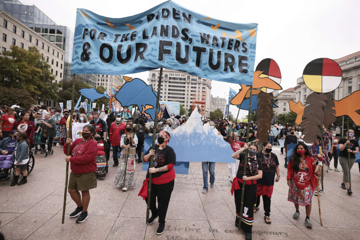 A demonstration in honor of Indigenous Peoples’ Day at Freedom Plaza on October 11, 2021, in Washington, D.C.