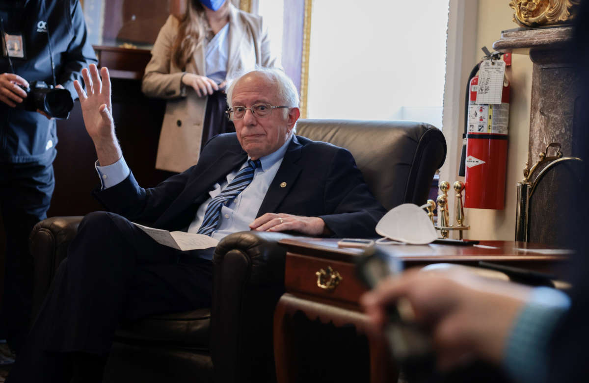 Sen. Bernie Sanders speaks during a pen and pad news conference at the U.S. Capitol on October 8, 2021, in Washington, D.C.