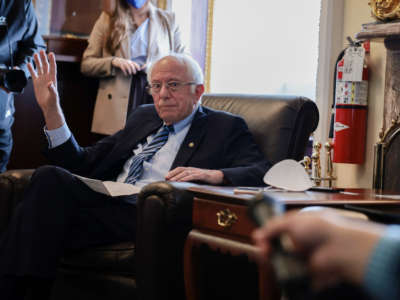 Sen. Bernie Sanders speaks during a pen and pad news conference at the U.S. Capitol on October 8, 2021, in Washington, D.C.