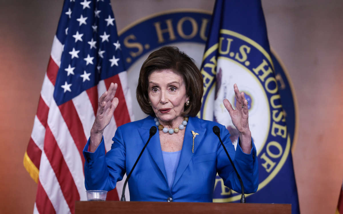 House Speaker Nancy Pelosi gestures as she speaks at a news conference at the U.S. Capitol on October 12, 2021, in Washington, D.C.