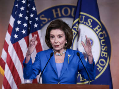 House Speaker Nancy Pelosi gestures as she speaks at a news conference at the U.S. Capitol on October 12, 2021, in Washington, D.C.