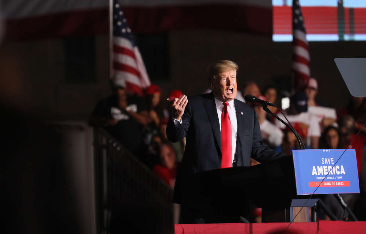 Former President Donald Trump speaks to supporters during a rally at the Iowa State Fairgrounds on October 9, 2021, in Des Moines, Iowa.