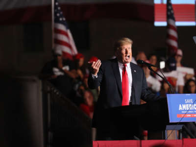 Former President Donald Trump speaks to supporters during a rally at the Iowa State Fairgrounds on October 9, 2021, in Des Moines, Iowa.