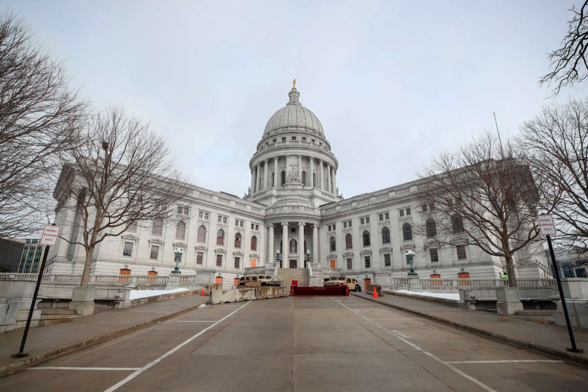 Barricades are seen in front of the State Capitol in Madison, Wisconsin, on January 17, 2021, in response to protests by Trump supporters over the 2020 presidential election results.