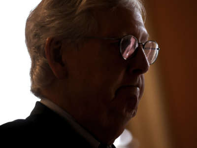 Senate Minority Leader Mitch McConnell heads to the Senate floor in the U.S. Capitol on September 20, 2021, in Washington, D.C.