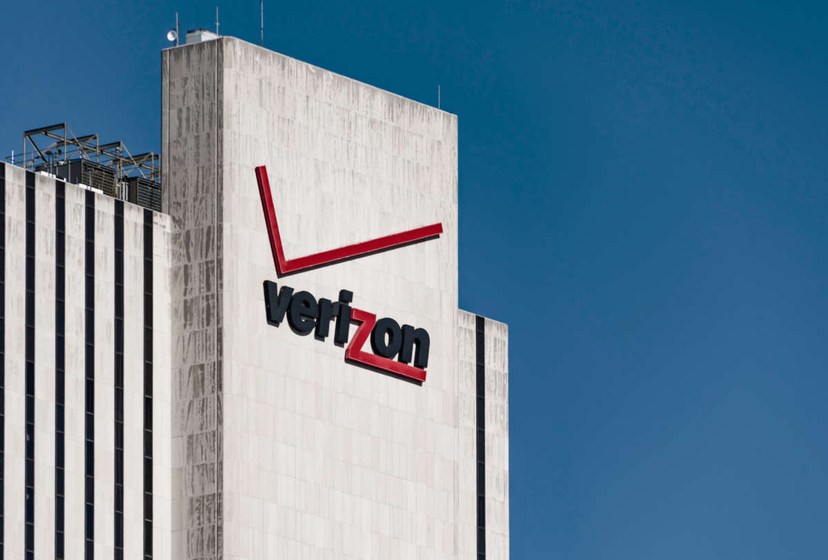 The Verizon logo is seen on its building at 375 Pearl Street, New York City.