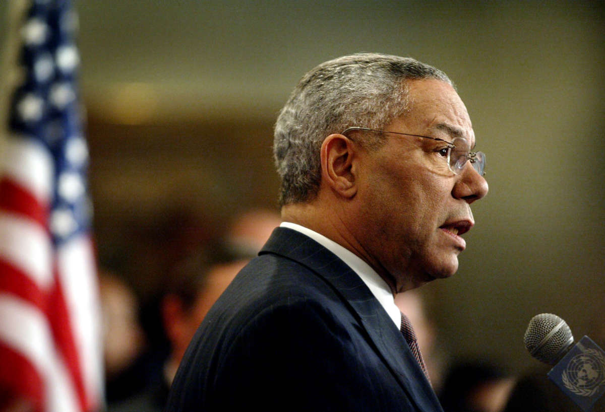 Secretary of State Colin Powell speaks to the media outside the Security Council Chambers at United Nations headquarters on February 14, 2003, in New York City.