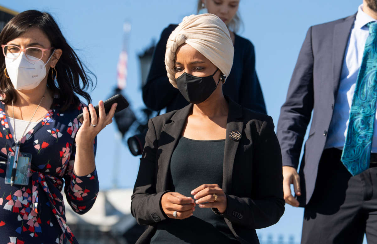Rep. Ilhan Omar leaves the U.S. Capitol on September 30, 2021.