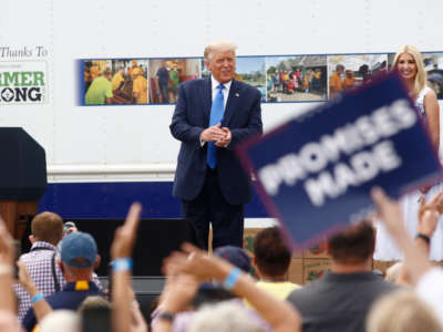 President Donald Trump speaks at Flavor 1st Growers & Packers on August 24, 2020, in Mills River, North Carolina. Trump toured the facility to highlight the Farmers to Families Food Box program.