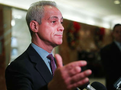 Then-Chicago Mayor Rahm Emanuel speaks to the media after a meeting at Trump Tower on December 7, 2016, in New York City.
