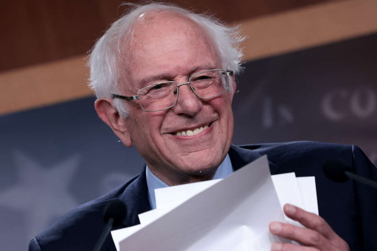 Sen. Bernie Sanders answers questions during a press conference at the U.S. Capitol on October 6, 2021, in Washington, D.C.