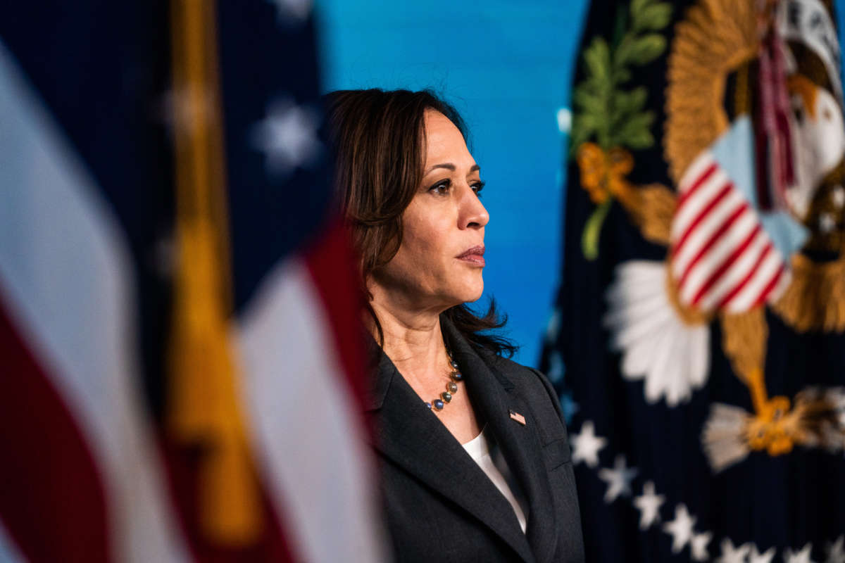 Vice President Kamala Harris is pictured in the South Court Auditorium at the Eisenhower Executive Office Building on June 2, 2021.