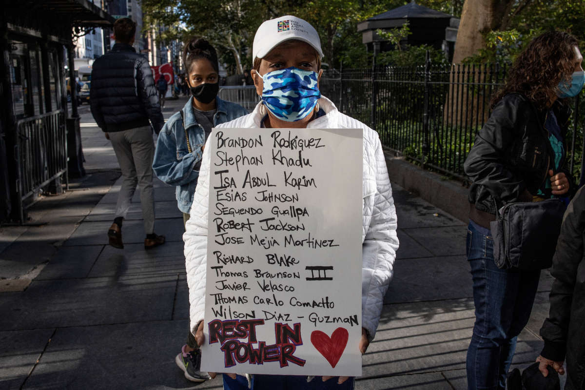 Former prisoners of Rikers Island, family members of prisoners who have died at the jail and advocates for closing Rikers Island protest the deaths of 12 prisoners in 2021 on October 1, 2021, outside of City Hall in downtown Manhattan, New York.