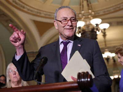 Senate Majority Leader Charles Schumer speaks to reporters at the U.S. Capitol on June 15, 2021, in Washington, D.C.