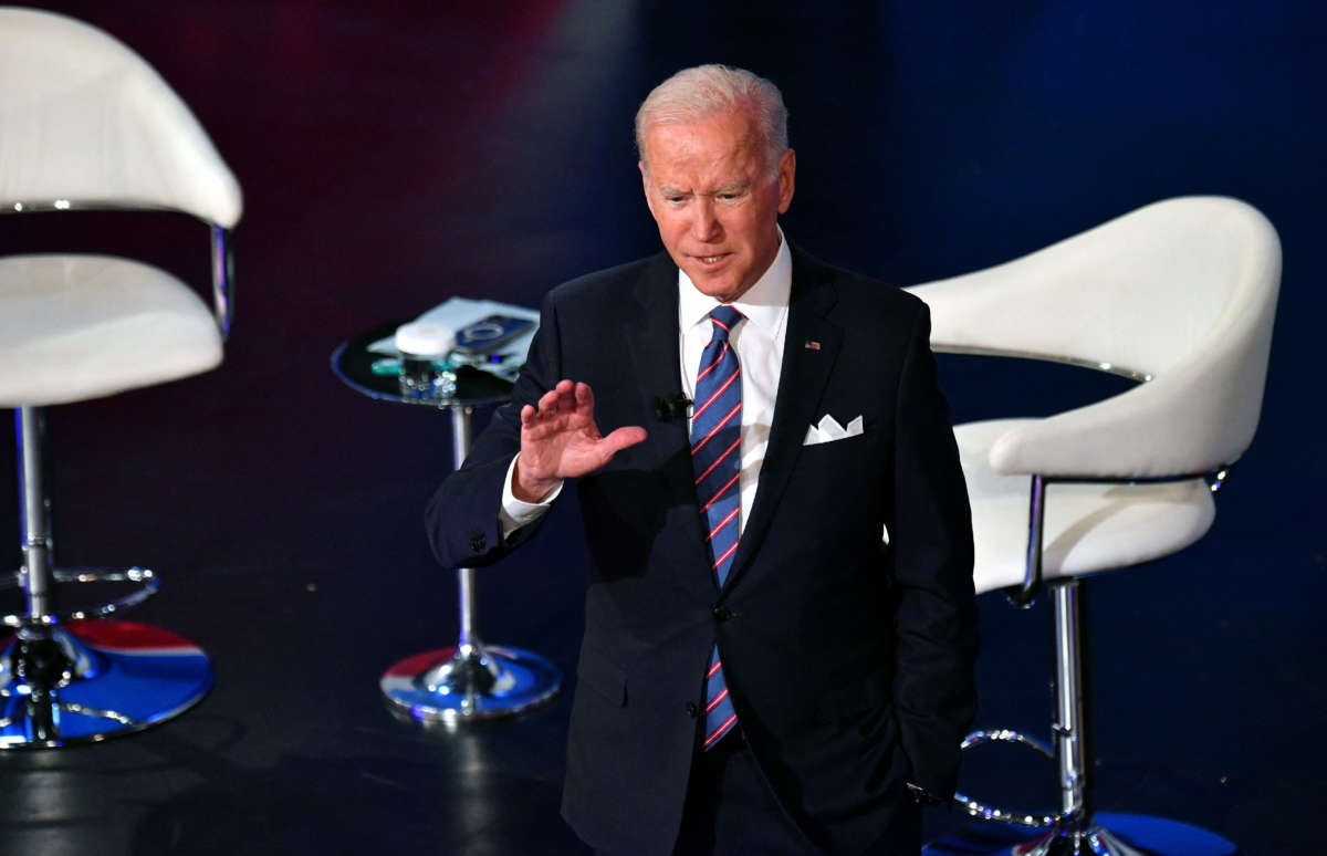 President Joe Biden participates in a CNN town hall at Baltimore Center Stage in Baltimore, Maryland, on October 21, 2021.