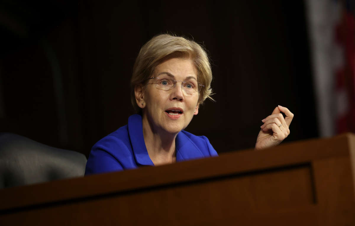 Sen. Elizabeth Warren speaks during a Senate Banking, Housing and Urban Affairs Committee hearing at the Hart Senate Office Building on September 28, 2021, in Washington, D.C.