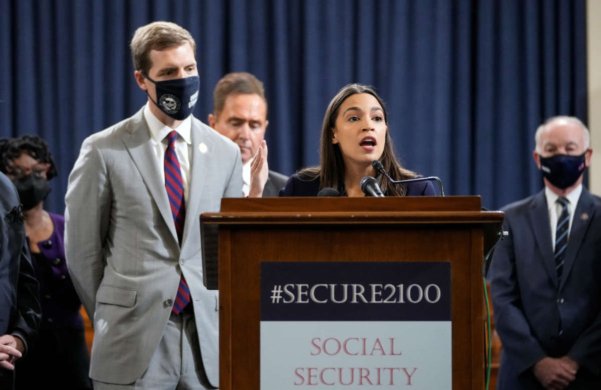 Rep. Alexandria Ocasio-Cortez speaks during a news conference to discuss legislation that would strengthen Social Security benefits, on Capitol Hill on October 26, 2021, in Washington, D.C.