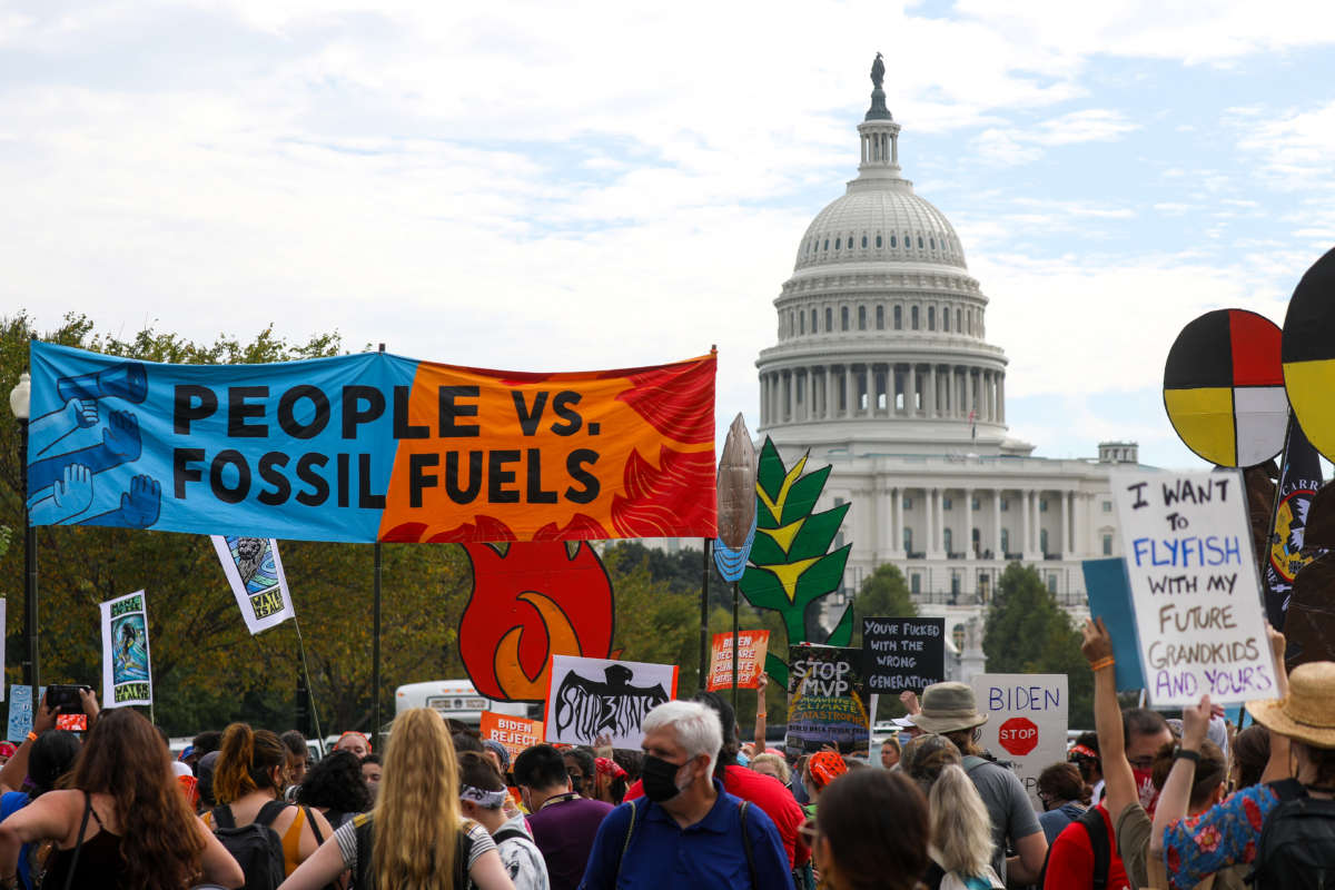 Native and other environmentalist groups gather outside the U.S. Capitol on the fifth day of "People vs. Fossil Fuels" protests in Washington, D.C., on October 15, 2021.