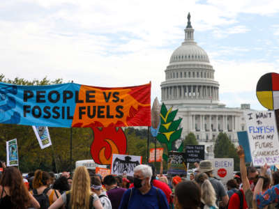 Native and other environmentalist groups gather outside the U.S. Capitol on the fifth day of "People vs. Fossil Fuels" protests in Washington, D.C., on October 15, 2021.