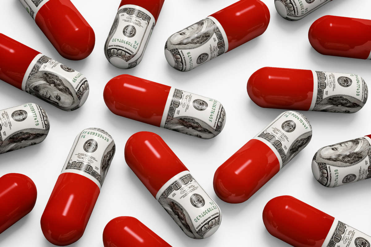 Illustration of pills combined with hundred dollar bills, pharma cash