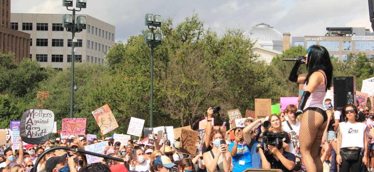 The Russian feminist protest punk rock band Pussy Riot performs on the south lawn of the Texas State Capitol in Austin, Texas, on October 2, 2021, during Women's March ATX.