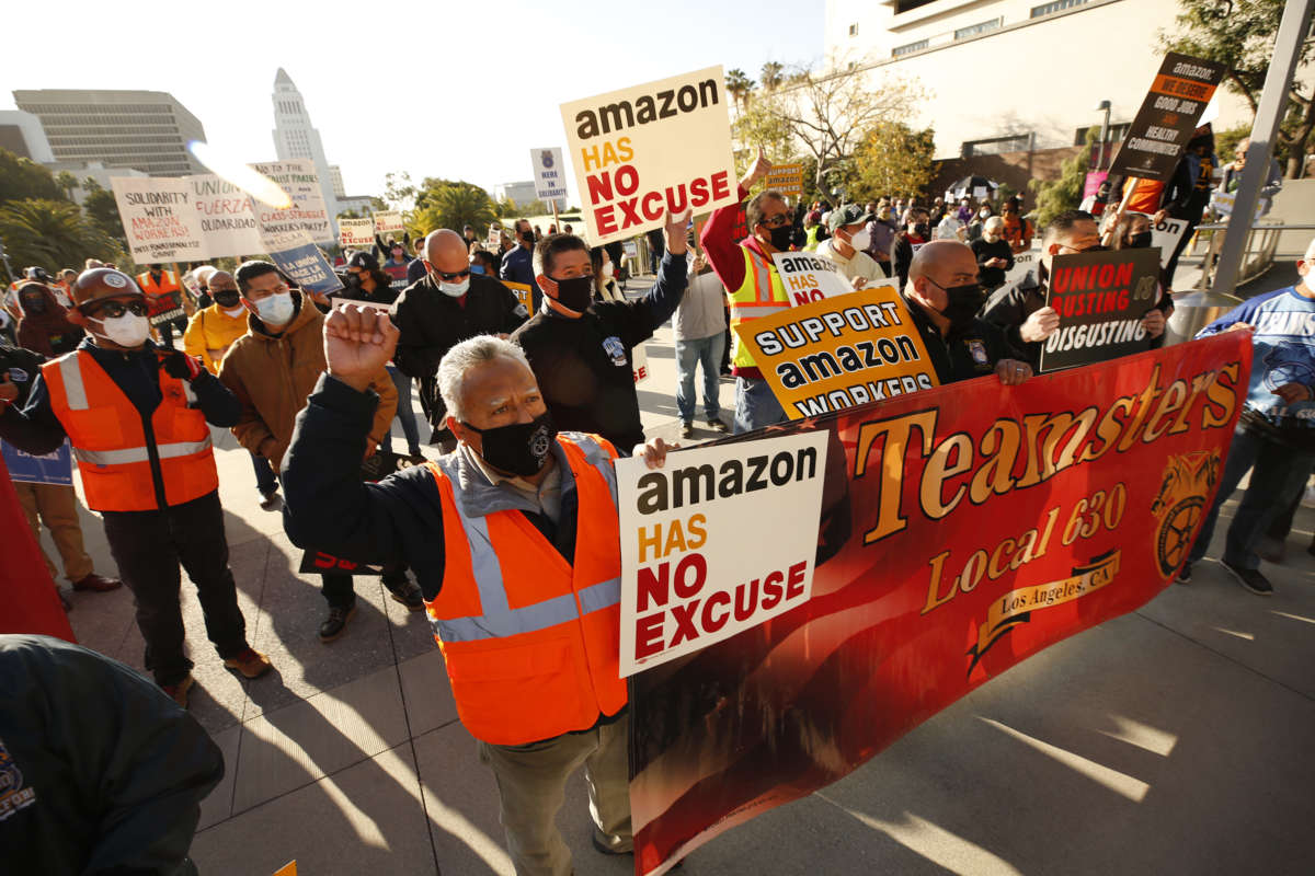 Teamsters Local 63 joined union workers as they rallied in downtown Los Angeles, California, on March 22, 2021, in support of Alabama Amazon workers attempting to unionize.