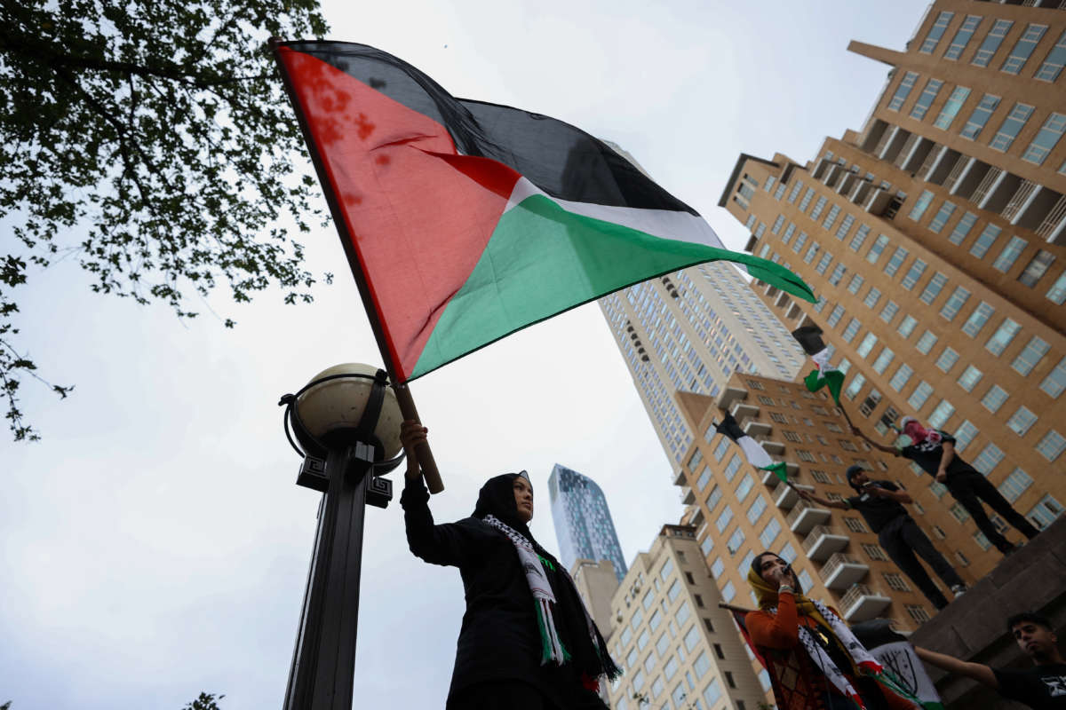 Hundreds are gathered at the Columbus Circle and marched on streets as "Free Palestine" rally to protest Israel's aggression on Gaza in New York City, on September 17, 2021.