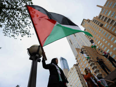 Hundreds are gathered at the Columbus Circle and marched on streets as "Free Palestine" rally to protest Israel's aggression on Gaza in New York City, on September 17, 2021.