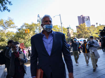 "Free Donziger" rally held in front of the Manhattan Court House as the Attorney Steven Donziger faces sentencing in a contempt case after he refused to disclose privileged information about his clients to the fossil fuel industry, in New York City, on October 1, 2021.