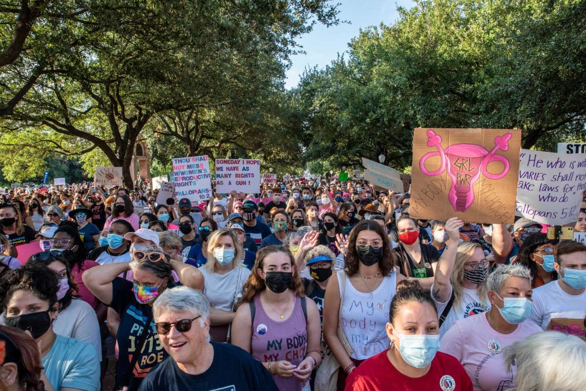 Protesters take part in the Women's March and Rally for Abortion Justice in Austin, Texas, on October 2, 2021.