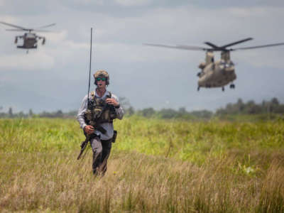 A U.S. Army officer walks through Antoine-Simon Airport airport on August 20, 2021, in Les Cayes, Haiti.