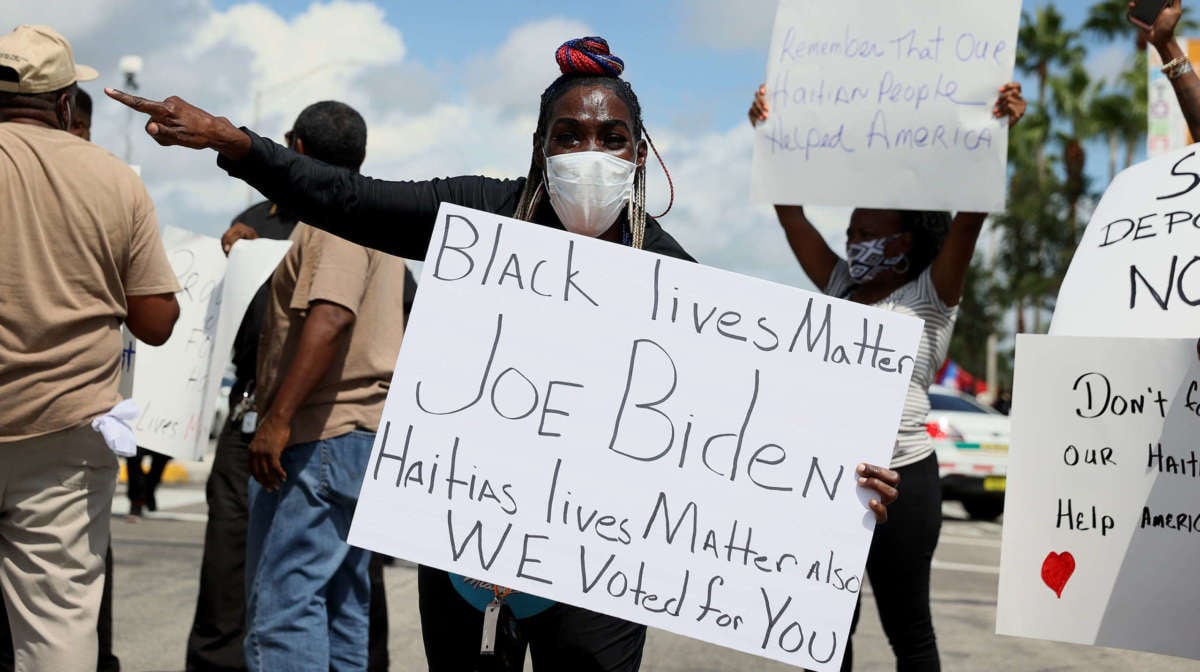 Protesters denounce the expulsion of Haitian refugees from Del Rio, Texas, on September 22, 2021, in Miami, Florida.