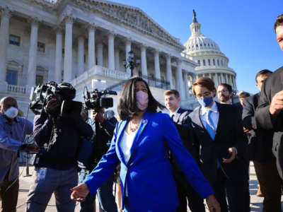 Congressional Progressive Caucus Chair Rep. Pramila Jayapal (D-Washington) talks to reporters following a vote to keep the federal government open until early December outside the U.S. Capitol on September 30, 2021, in Washington, D.C.