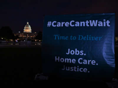 Disability rights activists and caregiving advocates hold a vigil in front of the US Capitol to urge Congress to include full federal funding for home and community based care services in President Biden’s Build Back Better budget package on October 6, 2021, in Washington, D.C.