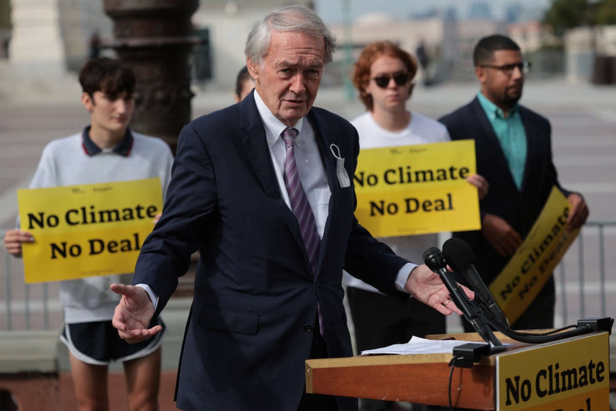 Sen. Ed Markey speaks at a press conference on funding climate change legislation outside the U.S. Capitol on October 7, 2021, in Washington, D.C.