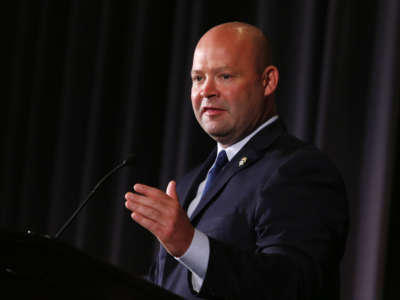 Teamsters Local 25 President Sean O'Brien speaks at the Greater Boston Labor Council in Boston, Massachusetts, on September. 5, 2016.