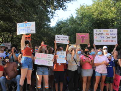 Protesters rally for abortion justice on the south lawn of the Texas State Capitol in Austin on October 2 during Women's March ATX.