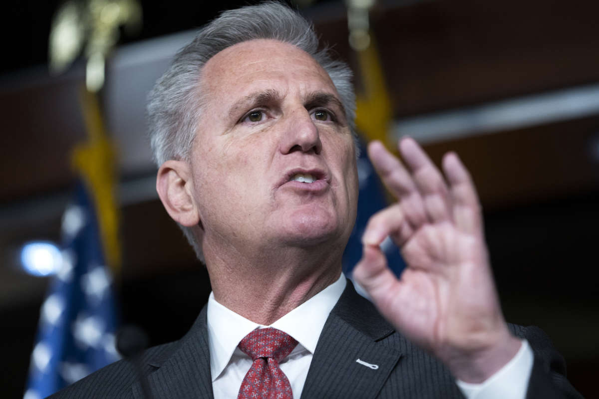 House Minority Leader Kevin McCarthy (R-California) conducts his weekly news conference in the Capitol Visitor Center on Thursday, November 18, 2021.