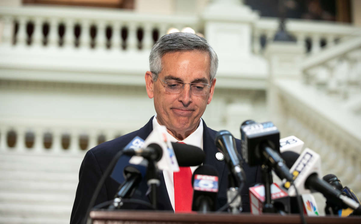 Georgia Secretary of State Brad Raffensperger holds a press conference on the status of ballot counting on November 6, 2020, in Atlanta, Georgia.