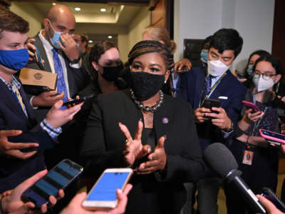 Rep. Cori Bush speaks to the press on Capitol Hill in Washington, D.C., on October 28, 2021.