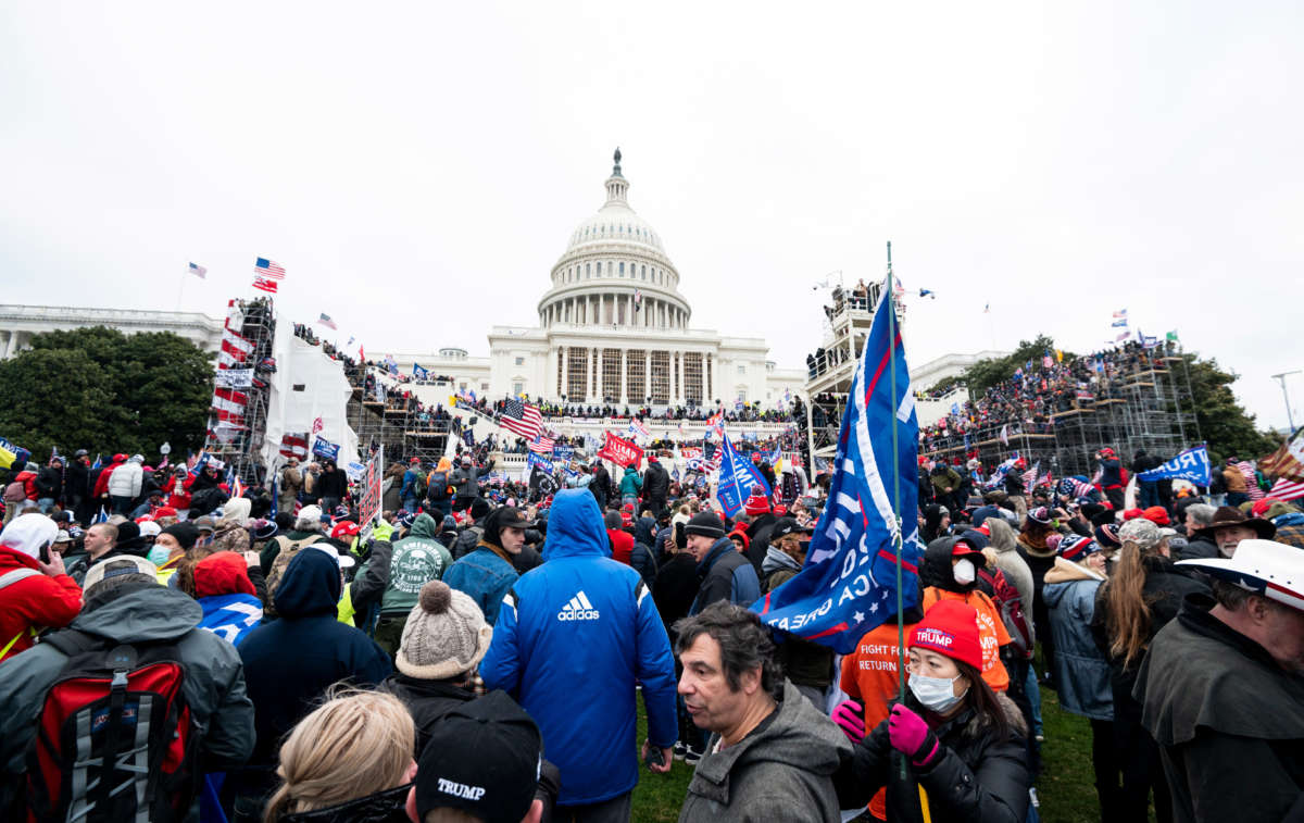 Trump supporters occupy the West Front of the Capitol and the inauguration stands on January 6, 2021.