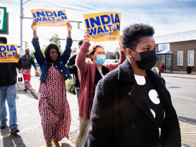 India Walton (in foreground on right), the Democratic Party nominee in the 2021 election for mayor of Buffalo, New York, walks to a polling place with supporters on October 28, 2021.