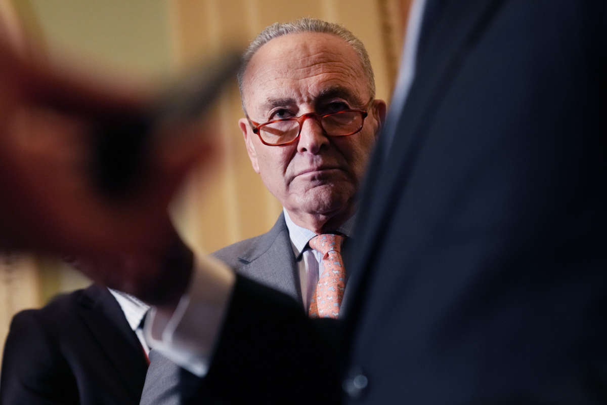 Senate Majority Leader Charles Schumer conducts a news conference after the Senate Democrats luncheon in the U.S. Capitol on November 2, 2021.